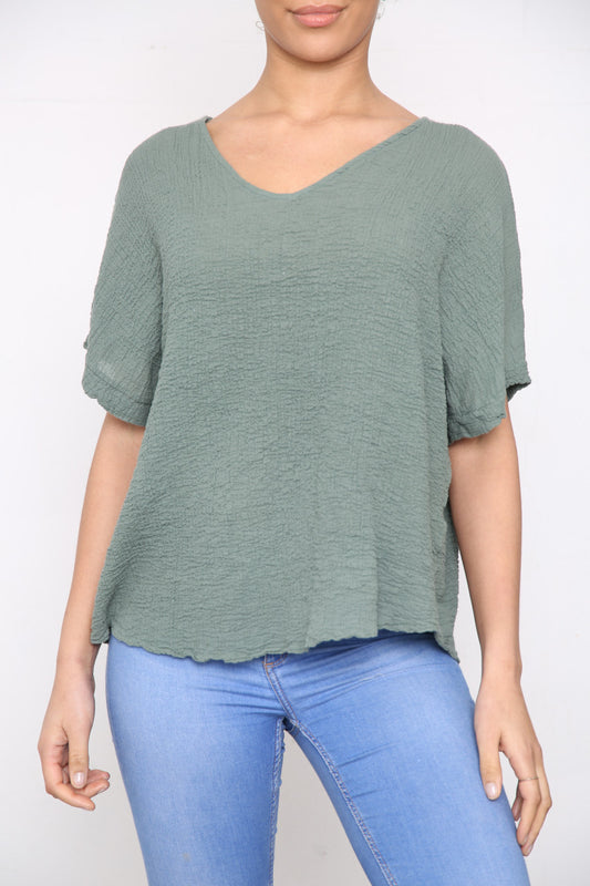 Ladies Plain Crepe Style Top Khaki