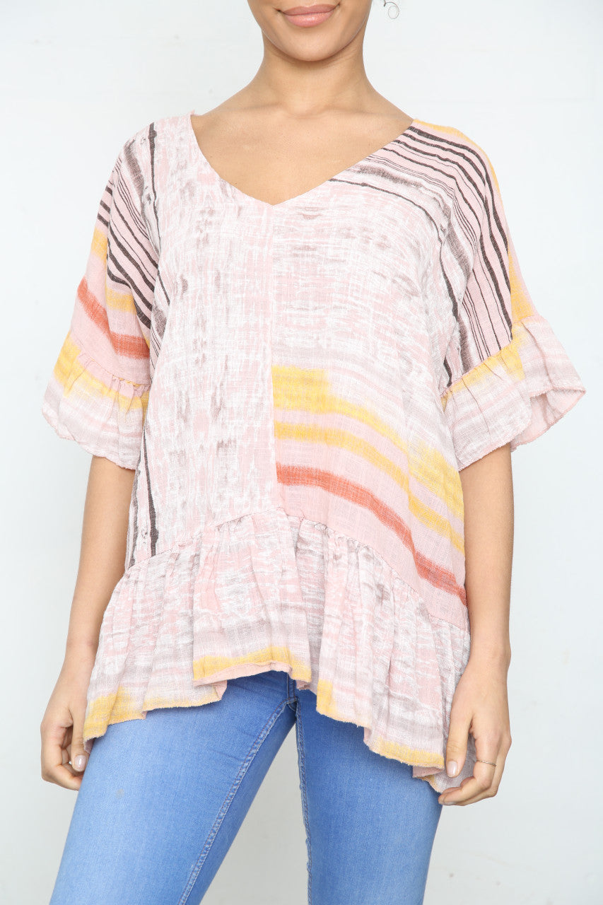 Ladies Colourful Stripes Floaty Top Dusty Pink