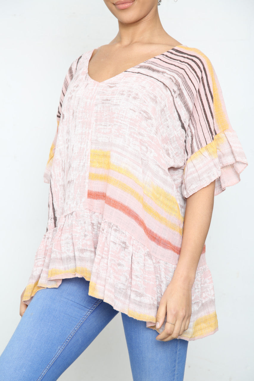 Ladies Colourful Stripes Floaty Top Dusty Pink