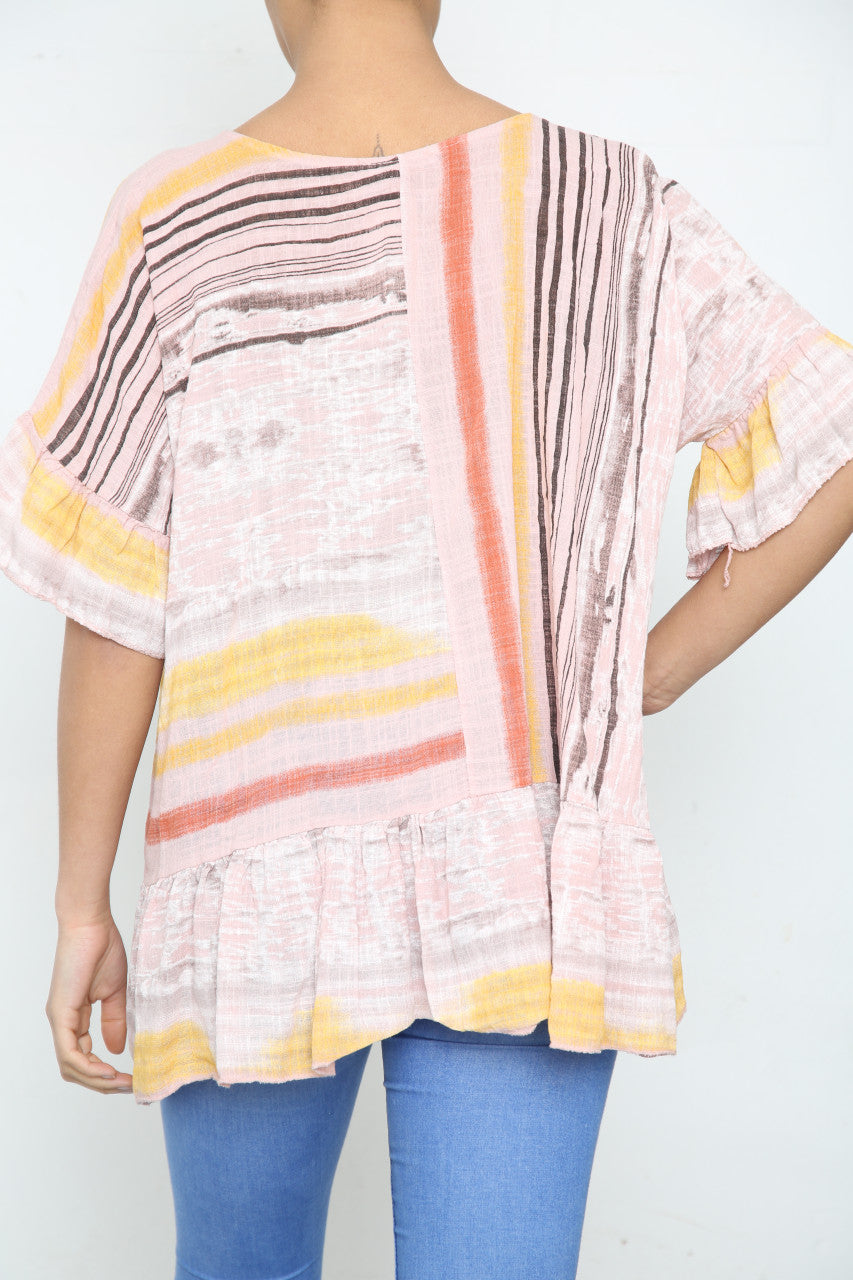 Ladies Colourful Stripes Floaty Top Dusty Pink