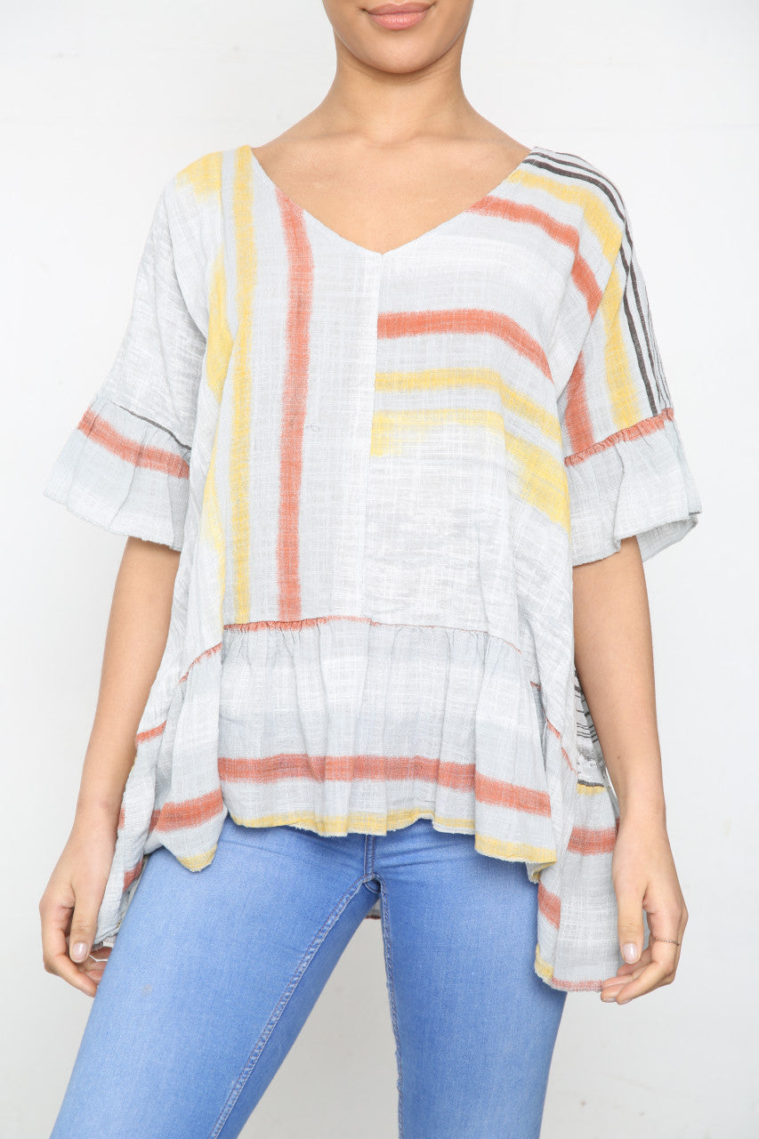 Ladies Colourful Stripes Floaty Top Silver