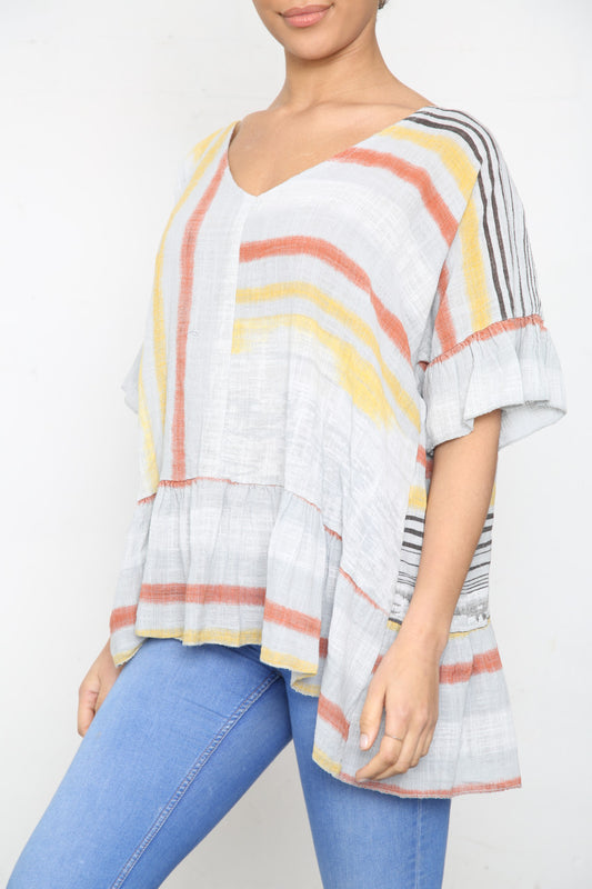 Ladies Colourful Stripes Floaty Top Silver