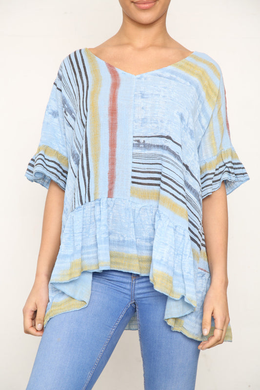 Ladies Colourful Stripes Floaty Top Sky Blue