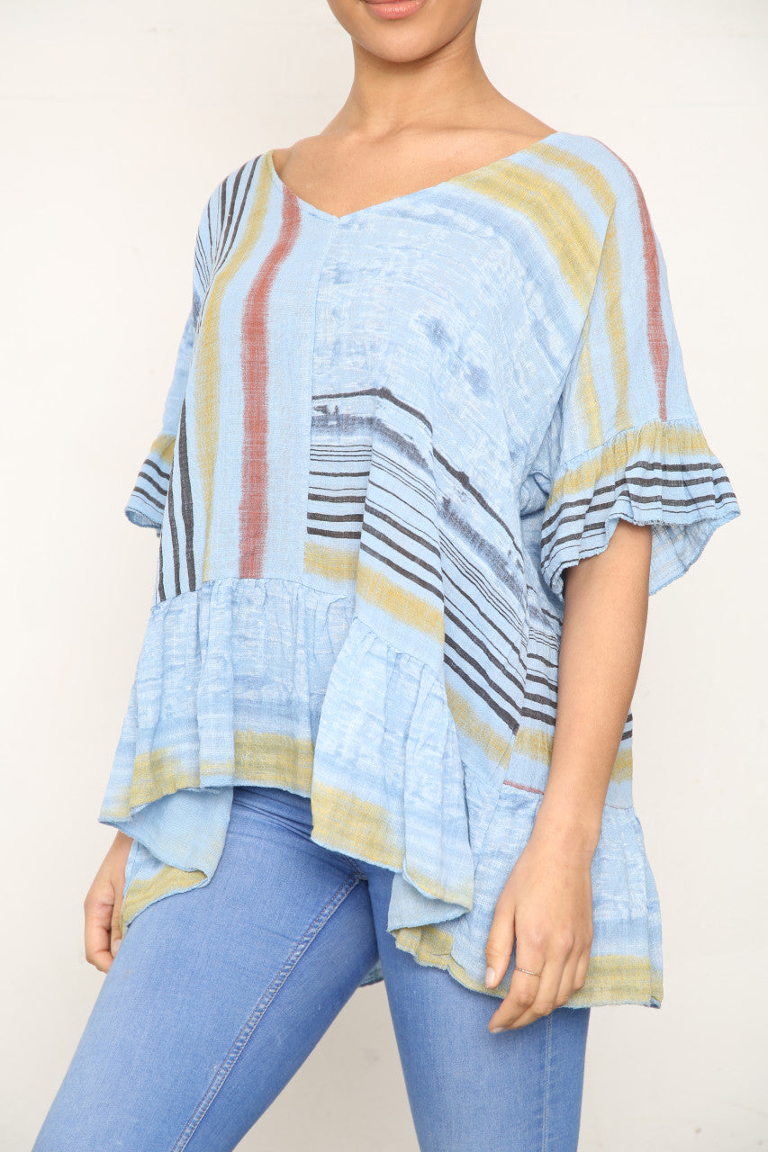 Ladies Colourful Stripes Floaty Top Sky Blue
