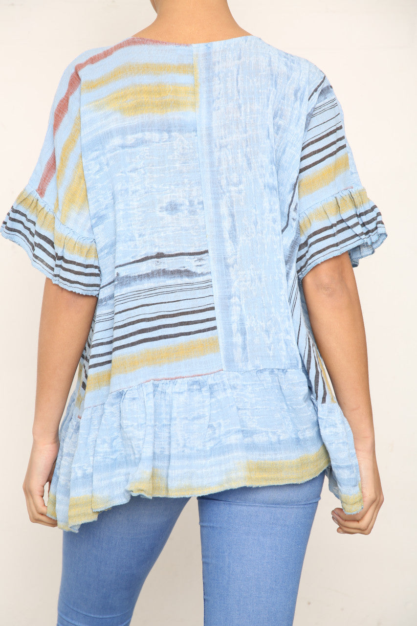 Ladies Colourful Stripes Floaty Top Sky Blue