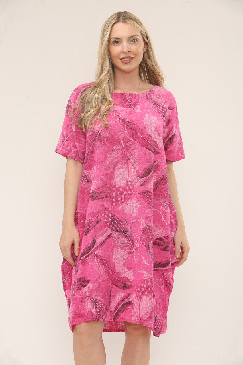 LEAF PRINT RELAXED FIT DRESS - CERISE