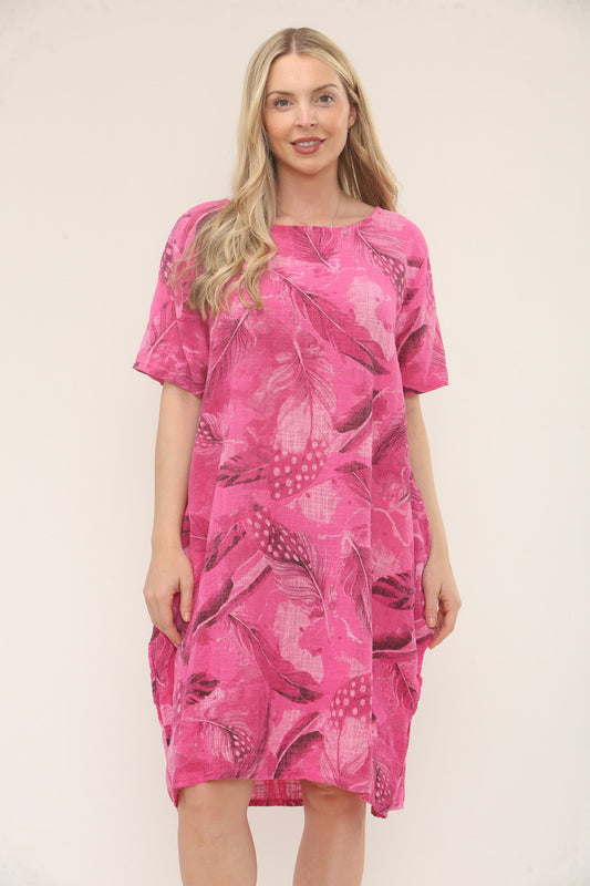 LEAF PRINT RELAXED FIT DRESS - CERISE