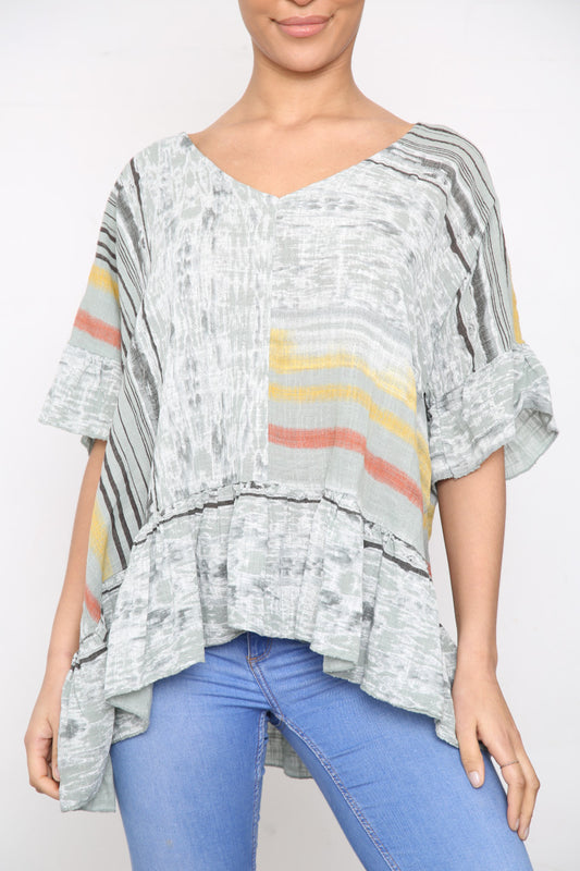 Ladies Colourful Stripes Floaty Top Khaki