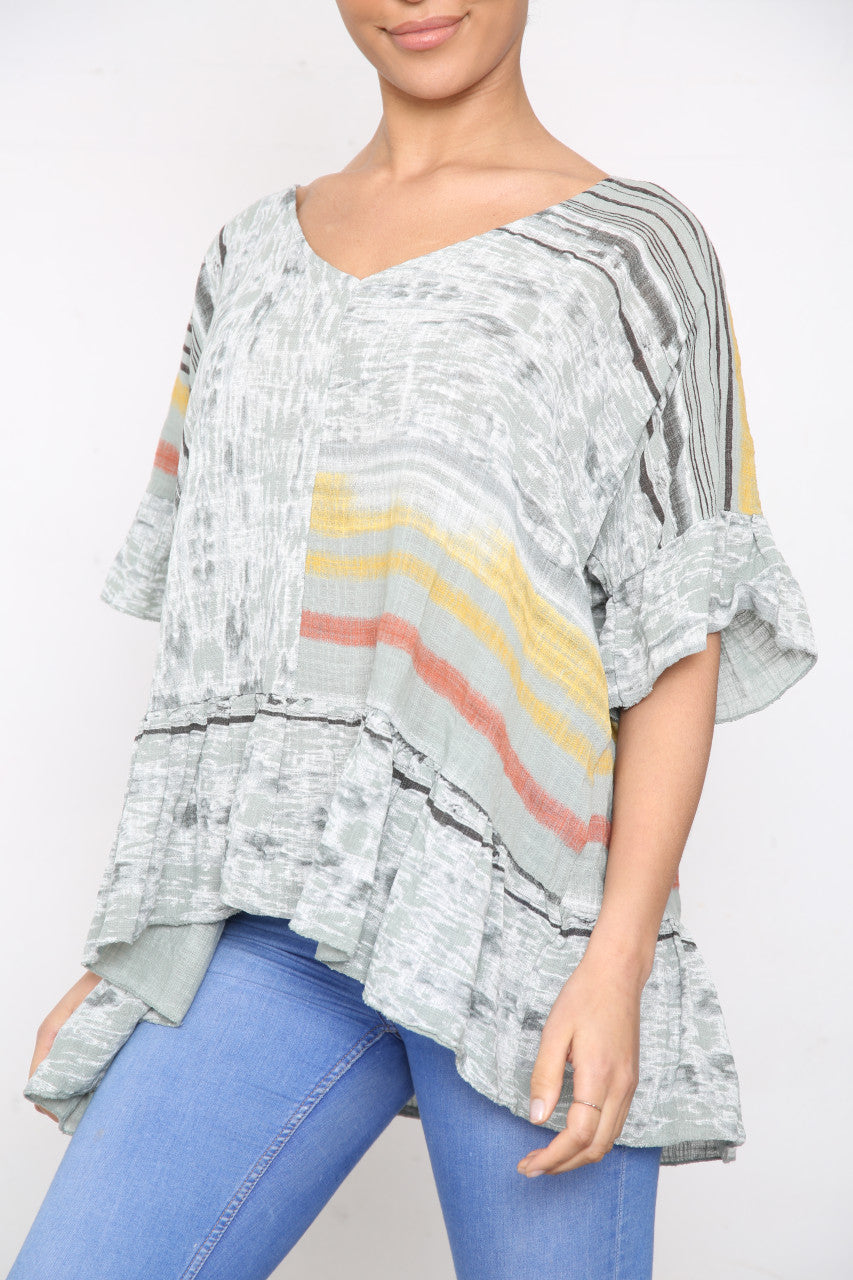 Ladies Colourful Stripes Floaty Top Khaki