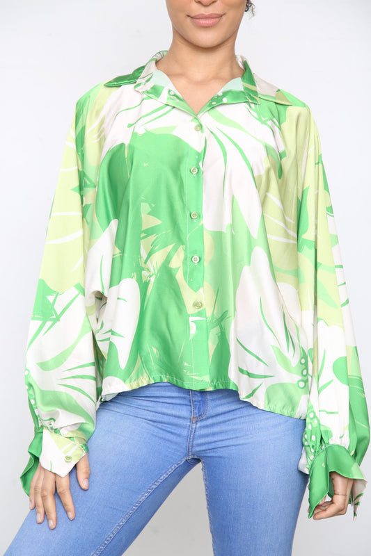 Ladies Floral Abstract Print Blouse Top Lime
