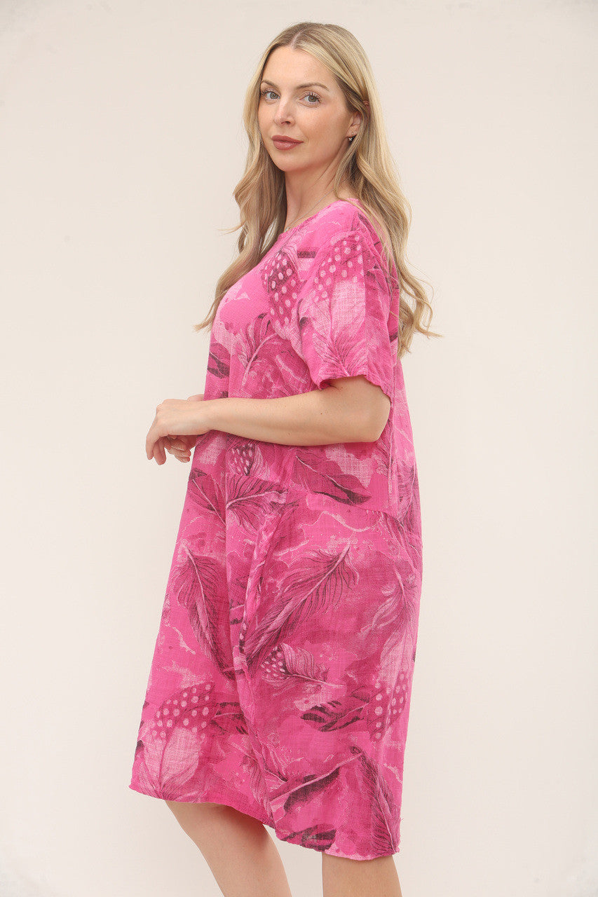 LEAF PRINT RELAXED FIT DRESS - CERISE