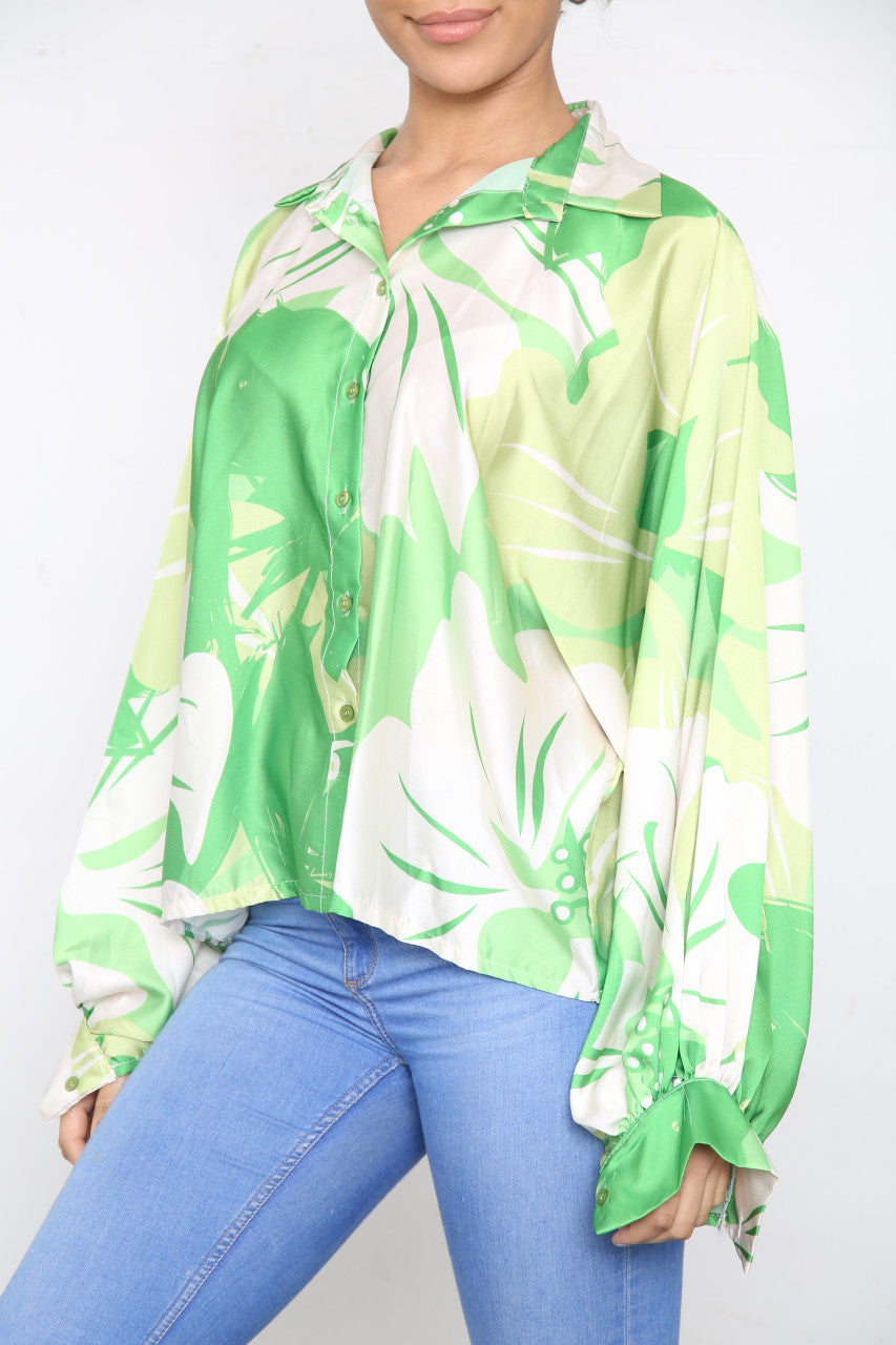 Dames Bloes Top met Bloemen Abstracte Print Limoen
