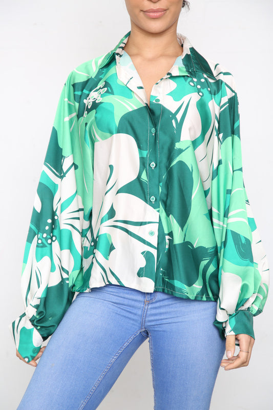 Ladies Floral Abstract Print Blouse Top Green