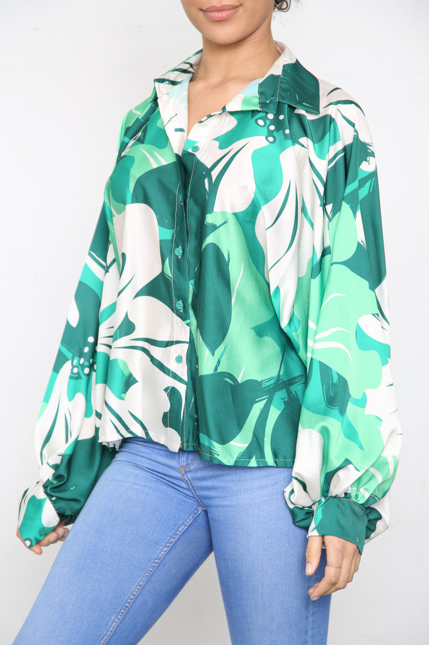 Ladies Floral Abstract Print Blouse Top Green