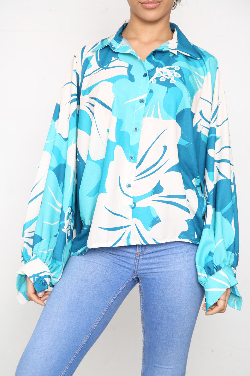 Ladies Floral Abstract Print Blouse Top Turquoise