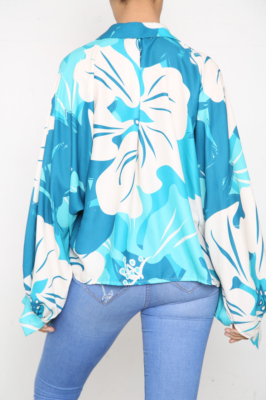 Ladies Floral Abstract Print Blouse Top Turquoise