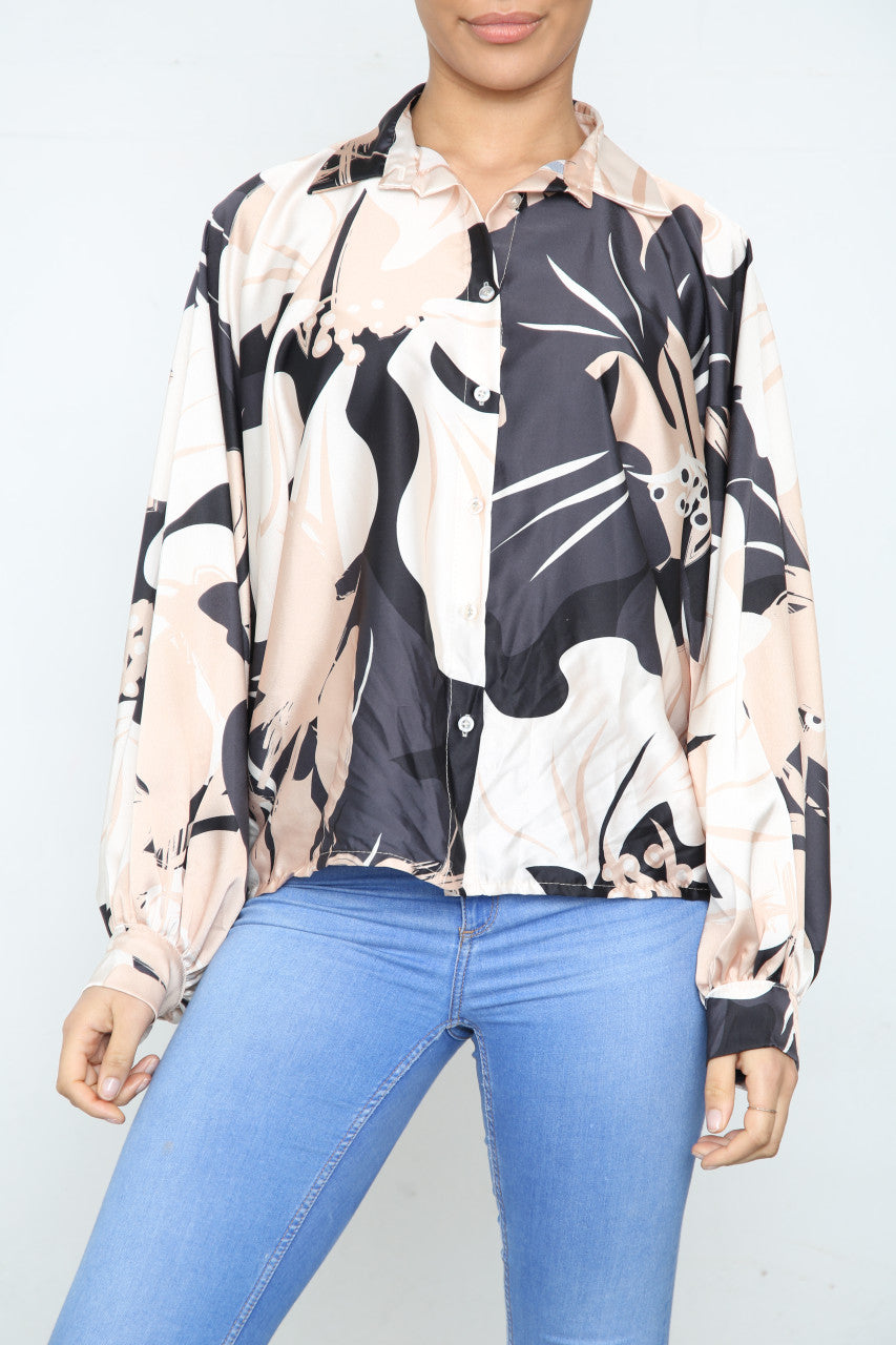 Ladies Floral Abstract Print Blouse Top Black