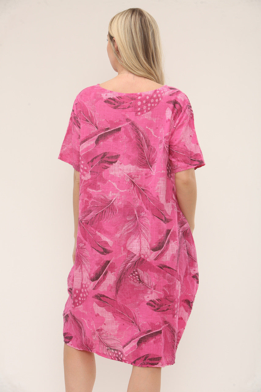LEAF PRINT RELAXED FIT DRESS - CERISE