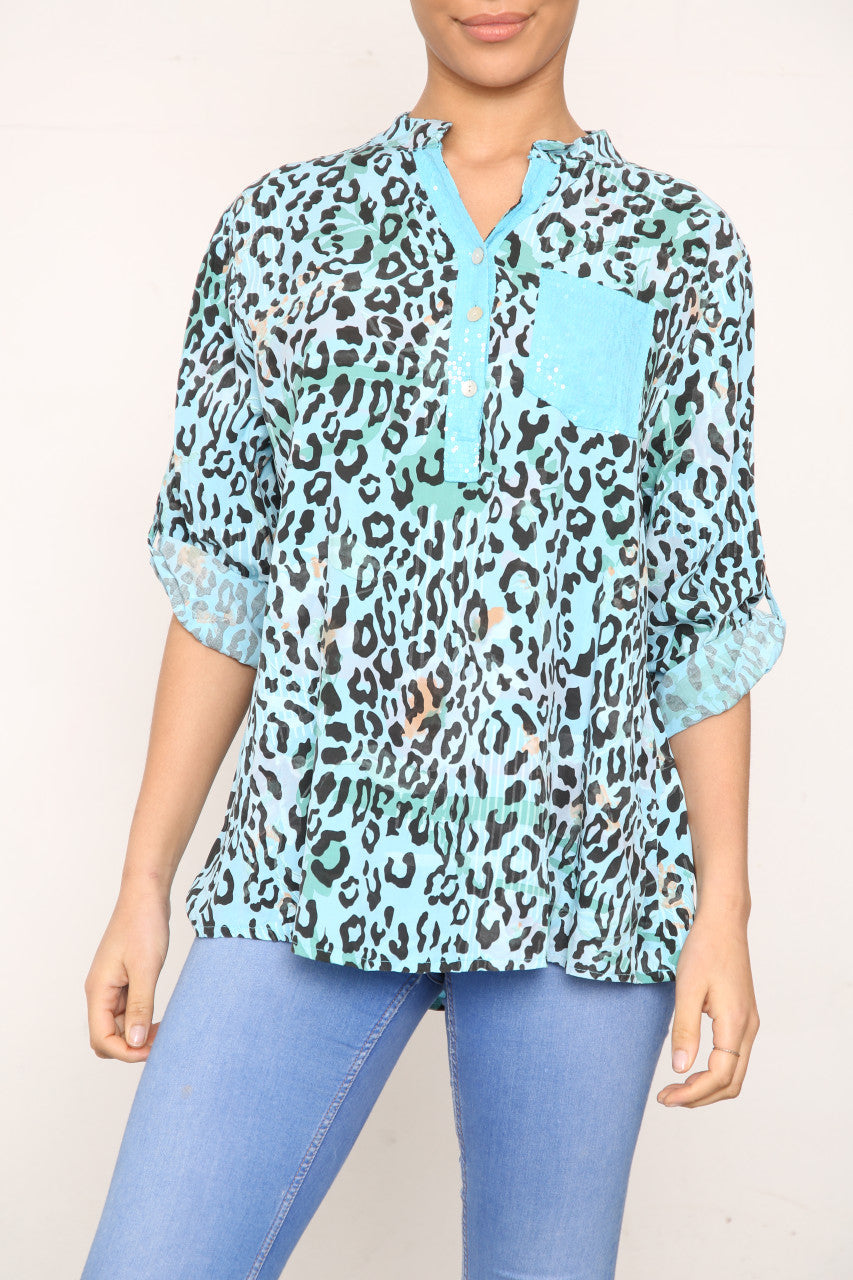 Ladies Leopard Print Grandad Collar Shirt Top Turquoise