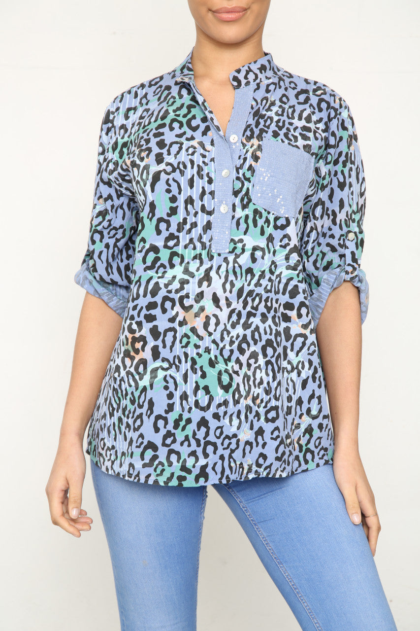 Ladies Leopard Print Grandad Collar Shirt Top Denim