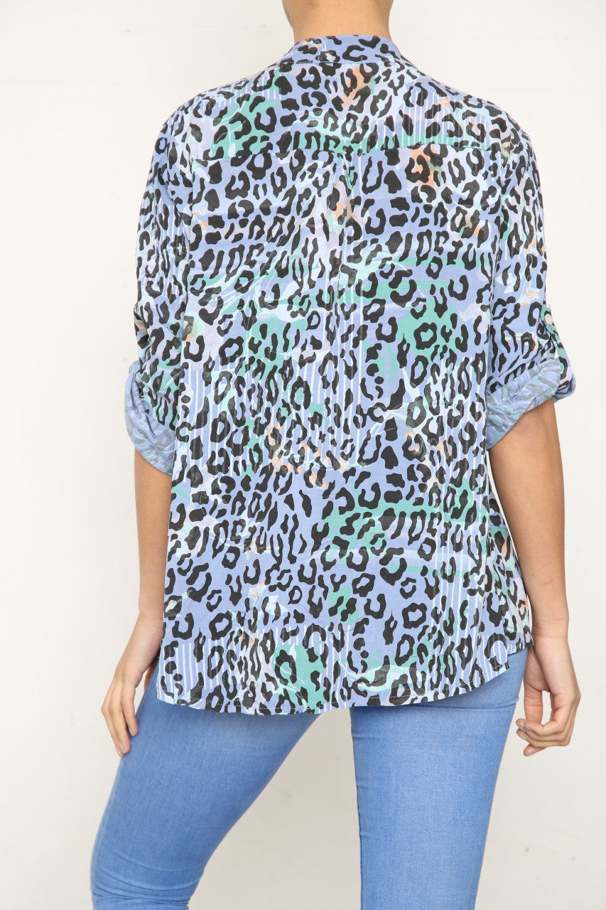 Ladies Leopard Print Grandad Collar Shirt Top Denim