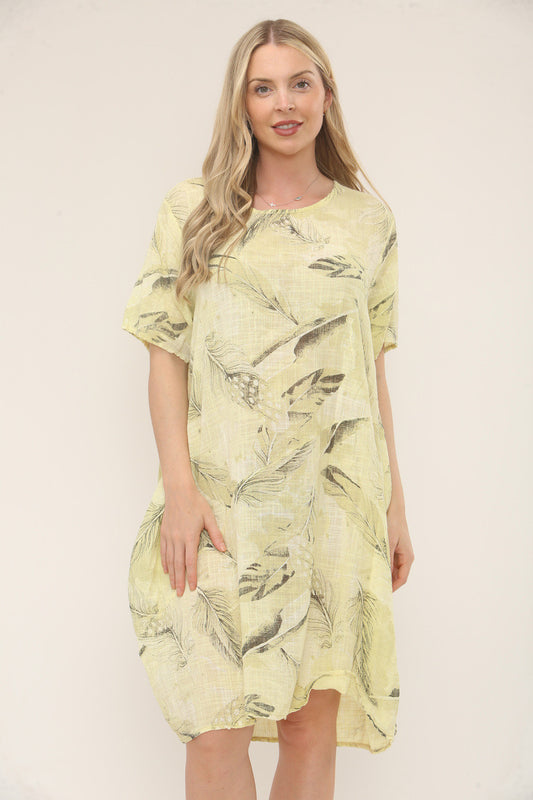 LEAF PRINT RELAXED FIT DRESS - LEMON