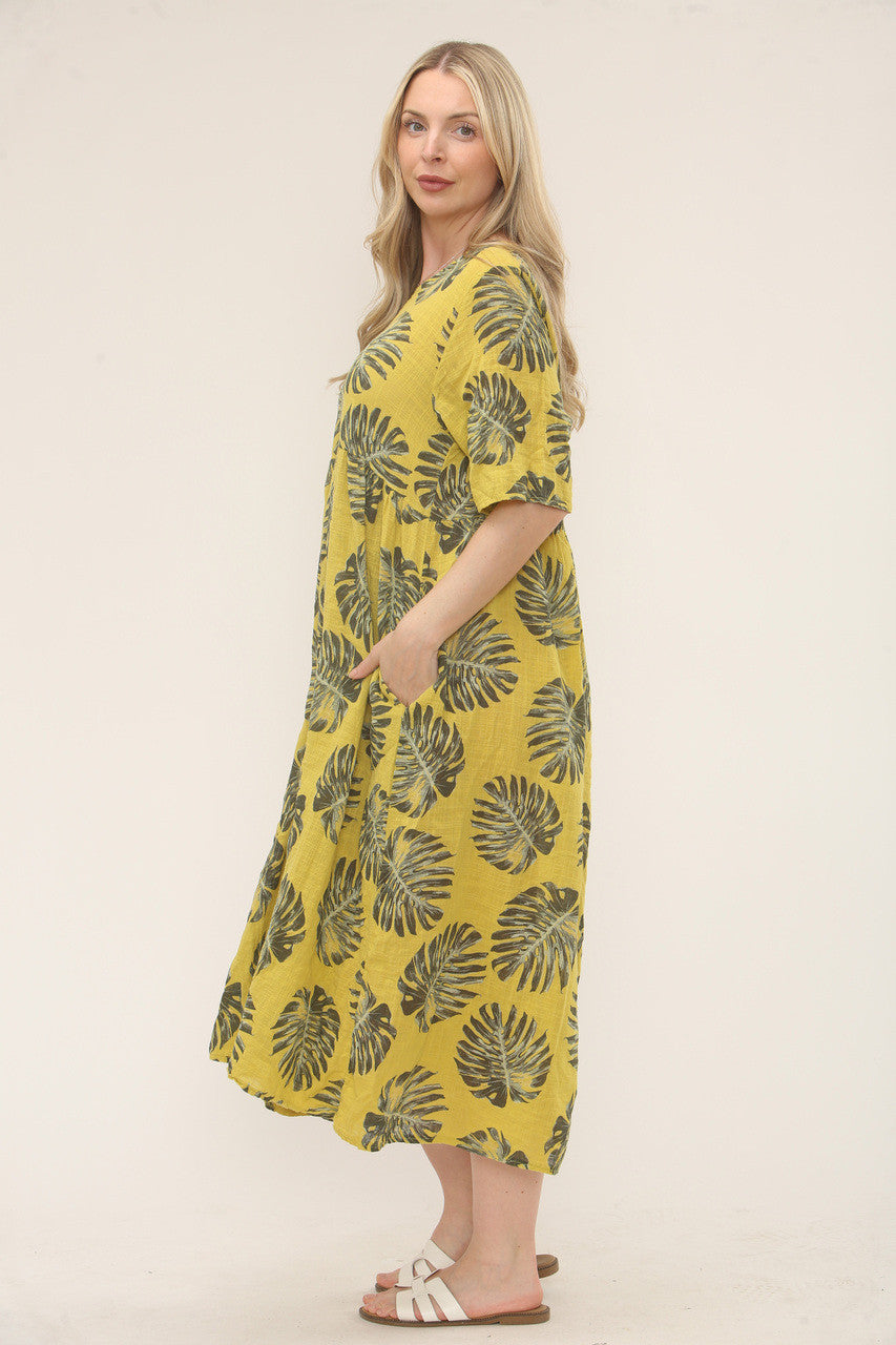 TROPICAL LEAF PRINT RELAXED FIT DRESS - CHARTREUSE