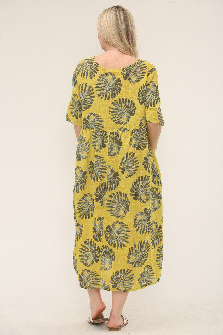 TROPICAL LEAF PRINT RELAXED FIT DRESS - CHARTREUSE
