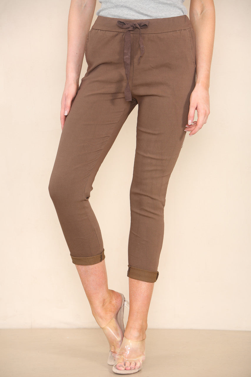 PLAIN ELASTICATED MAGIC STRETCH STYLE TROUSER CHOCOLATE BROWN