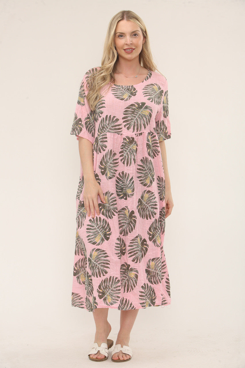 JURK MET TROPISCHE BLADPRINT EN RELAXTE PASVORM - ROZE