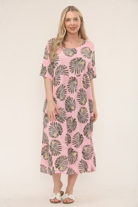 JURK MET TROPISCHE BLADPRINT EN RELAXTE PASVORM - ROZE