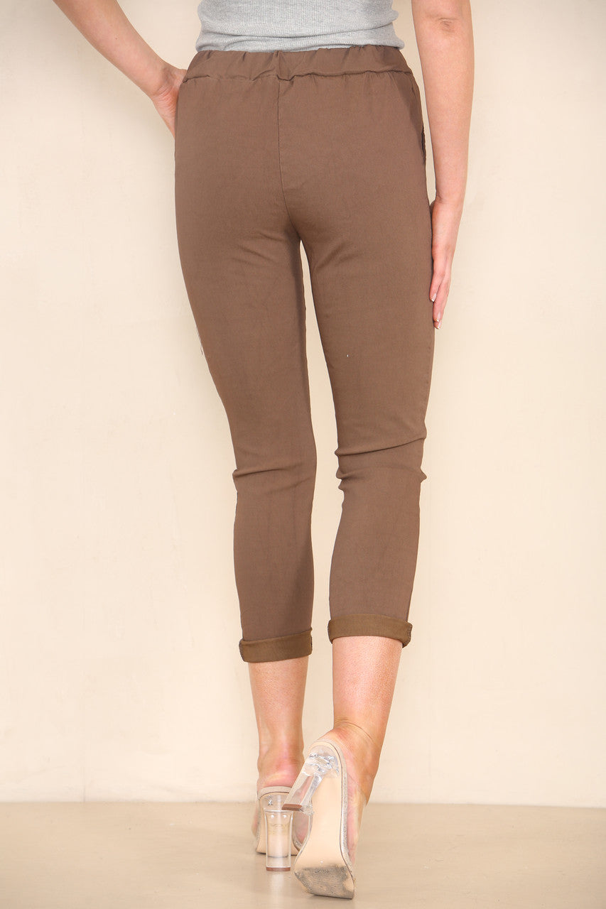 PLAIN ELASTICATED MAGIC STRETCH STYLE TROUSER CHOCOLATE BROWN
