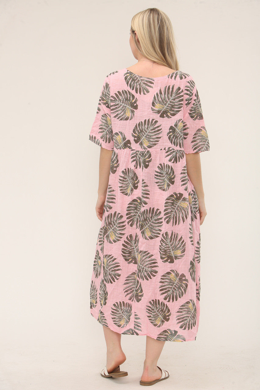 JURK MET TROPISCHE BLADPRINT EN RELAXTE PASVORM - ROZE