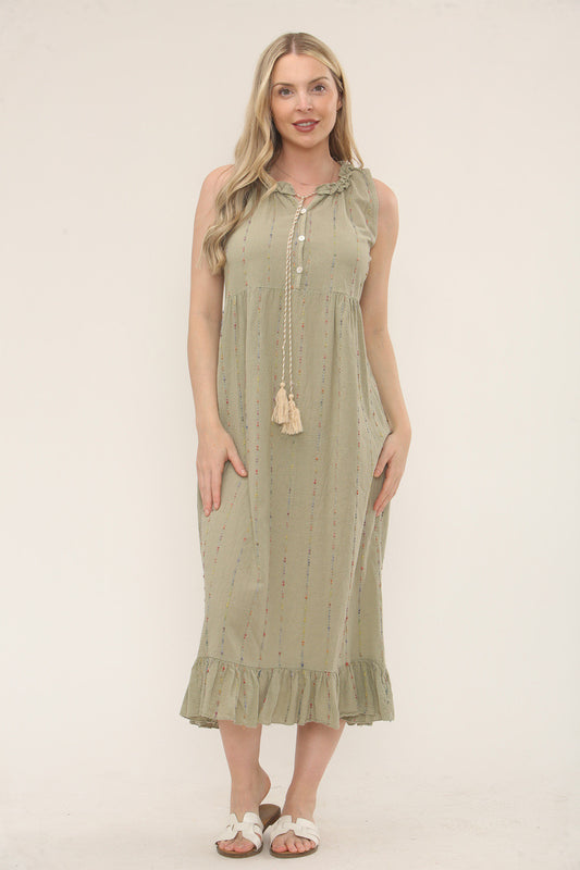 MULTICOLOUR STRIPE EMBROIDERY RUFFLE TIE NECK DRESS - SAGE GREEN
