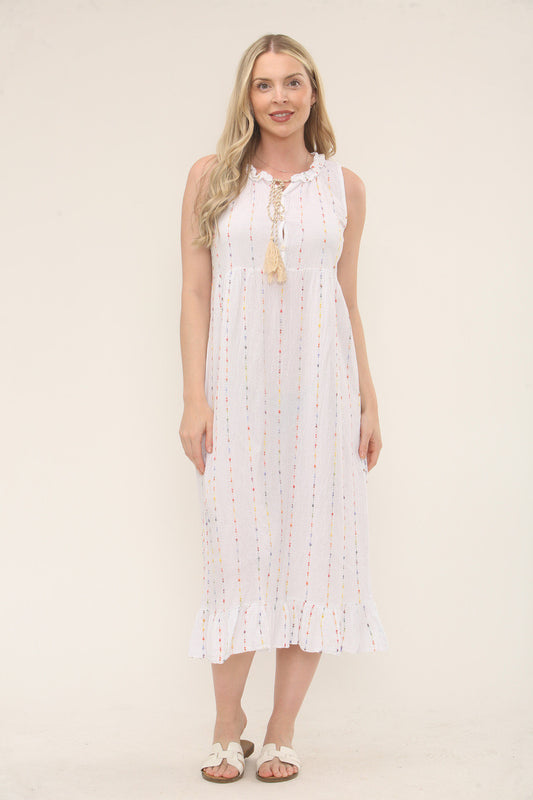 MULTICOLOUR STRIPE EMBROIDERY RUFFLE TIE NECK DRESS - WHITE