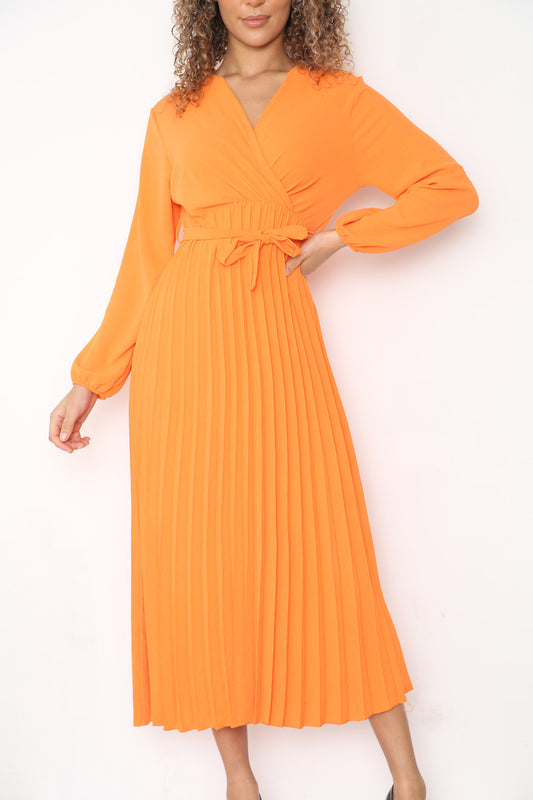 PLAIN PLEATED BOTTOM BELTED WRAP STYLE DRESS ORANGE