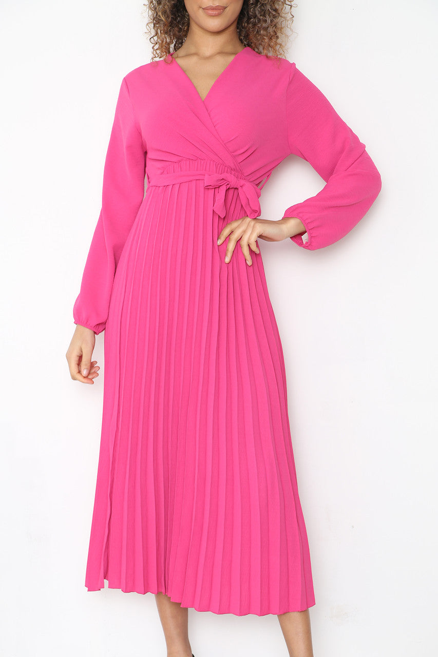 PLAIN PLEATED BOTTOM BELTED WRAP STYLE DRESS CERISE