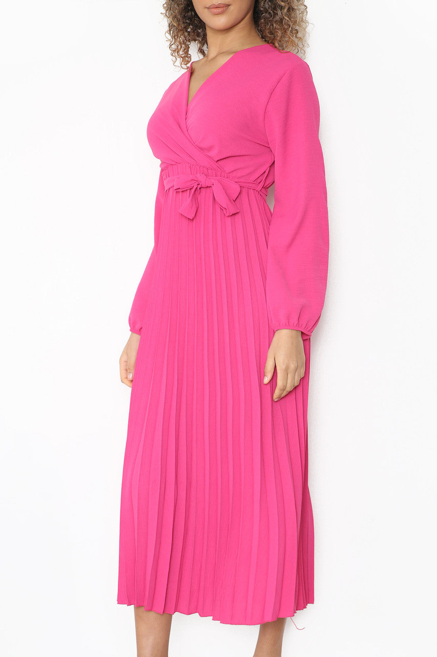 PLAIN PLEATED BOTTOM BELTED WRAP STYLE DRESS CERISE