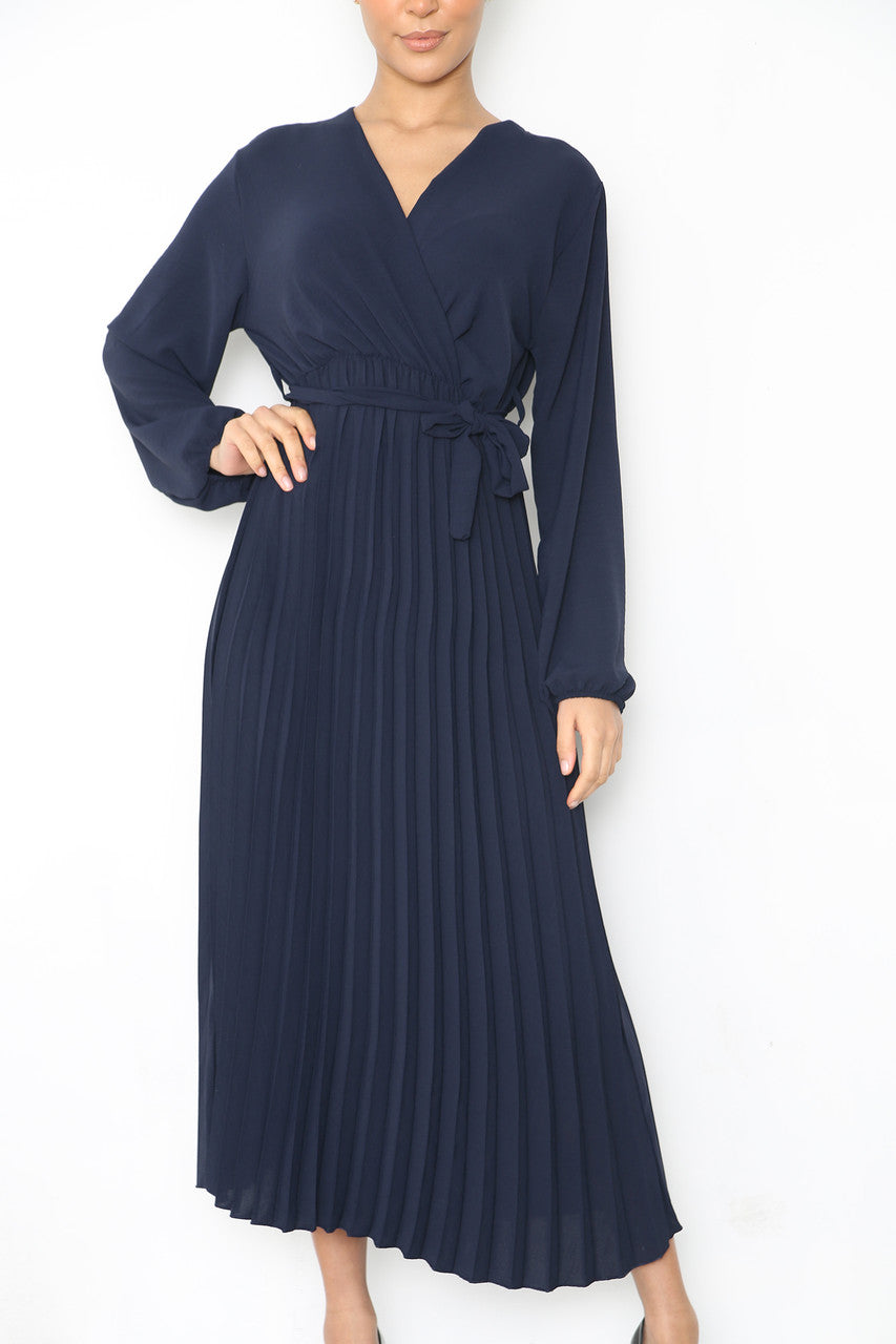 PLAIN PLEATED BOTTOM BELTED WRAP STYLE DRESS NAVY