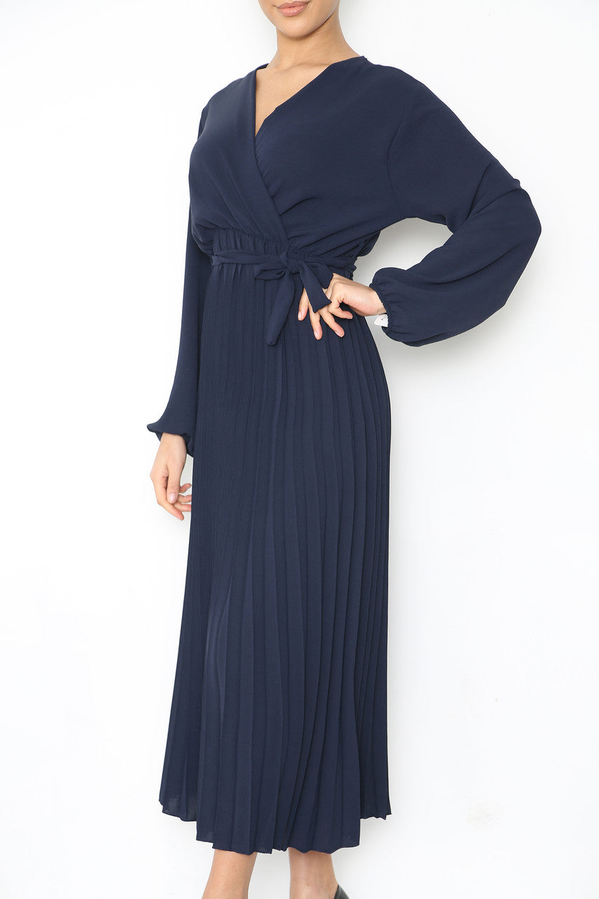 PLAIN PLEATED BOTTOM BELTED WRAP STYLE DRESS NAVY