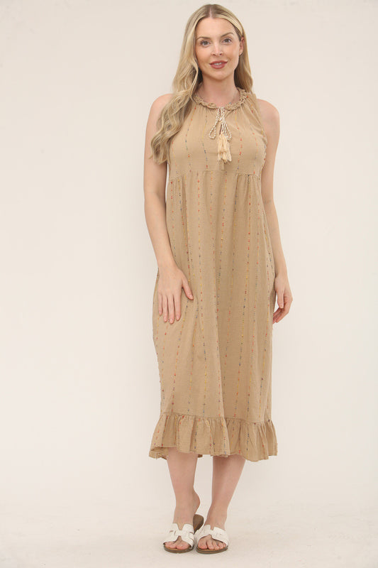 MULTICOLOUR STRIPE EMBROIDERY RUFFLE TIE NECK DRESS- CAMEL