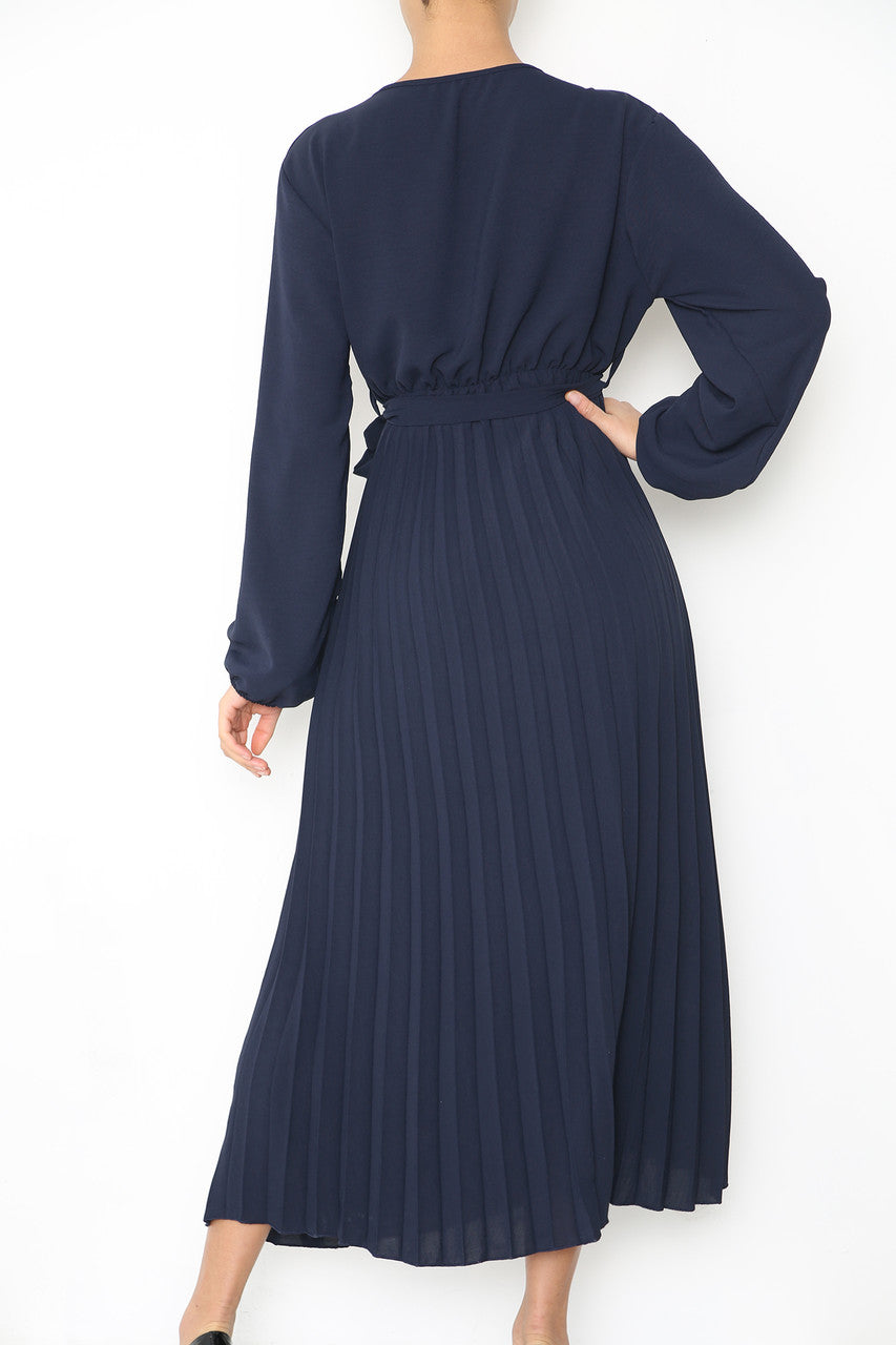 PLAIN PLEATED BOTTOM BELTED WRAP STYLE DRESS NAVY