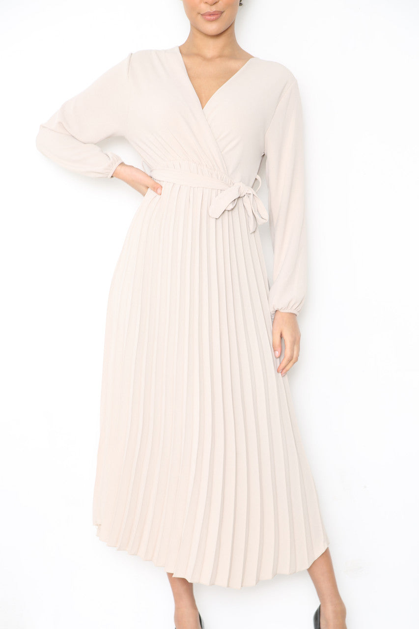 Ladies Plain Pleated Bottom Belted Wrap Style Dress Stone