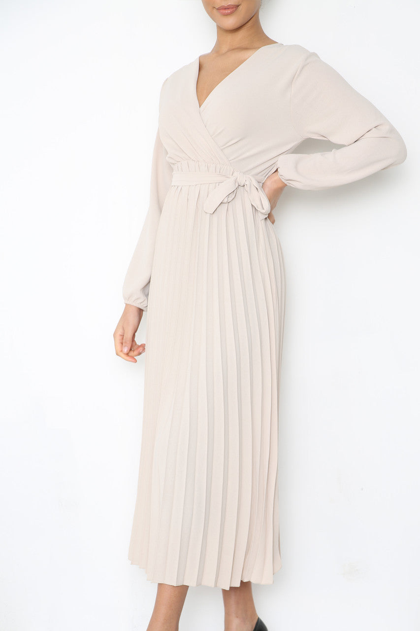 Ladies Plain Pleated Bottom Belted Wrap Style Dress Stone