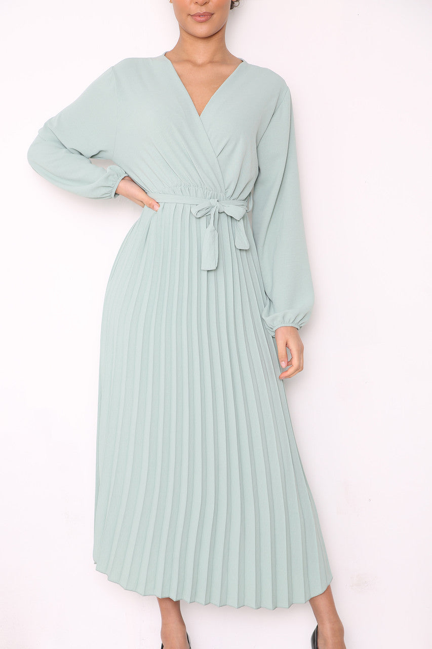 PLAIN PLEATED BOTTOM BELTED WRAP STYLE DRESS SAGE GREEN