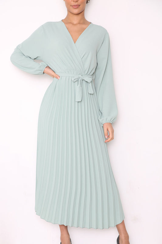 PLAIN PLEATED BOTTOM BELTED WRAP STYLE DRESS SAGE GREEN