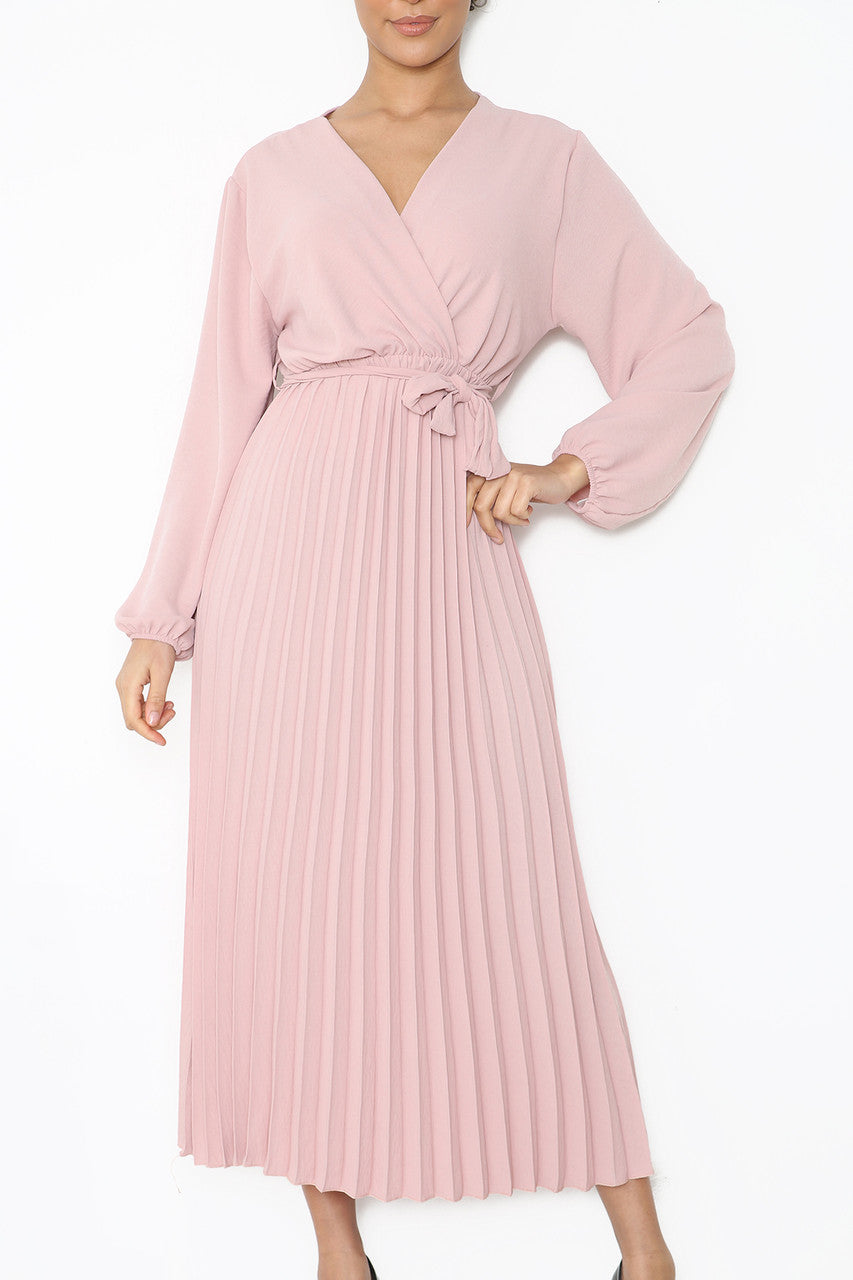 Ladies Plain Pleated Bottom Belted Wrap Style Dress Dusty Pink