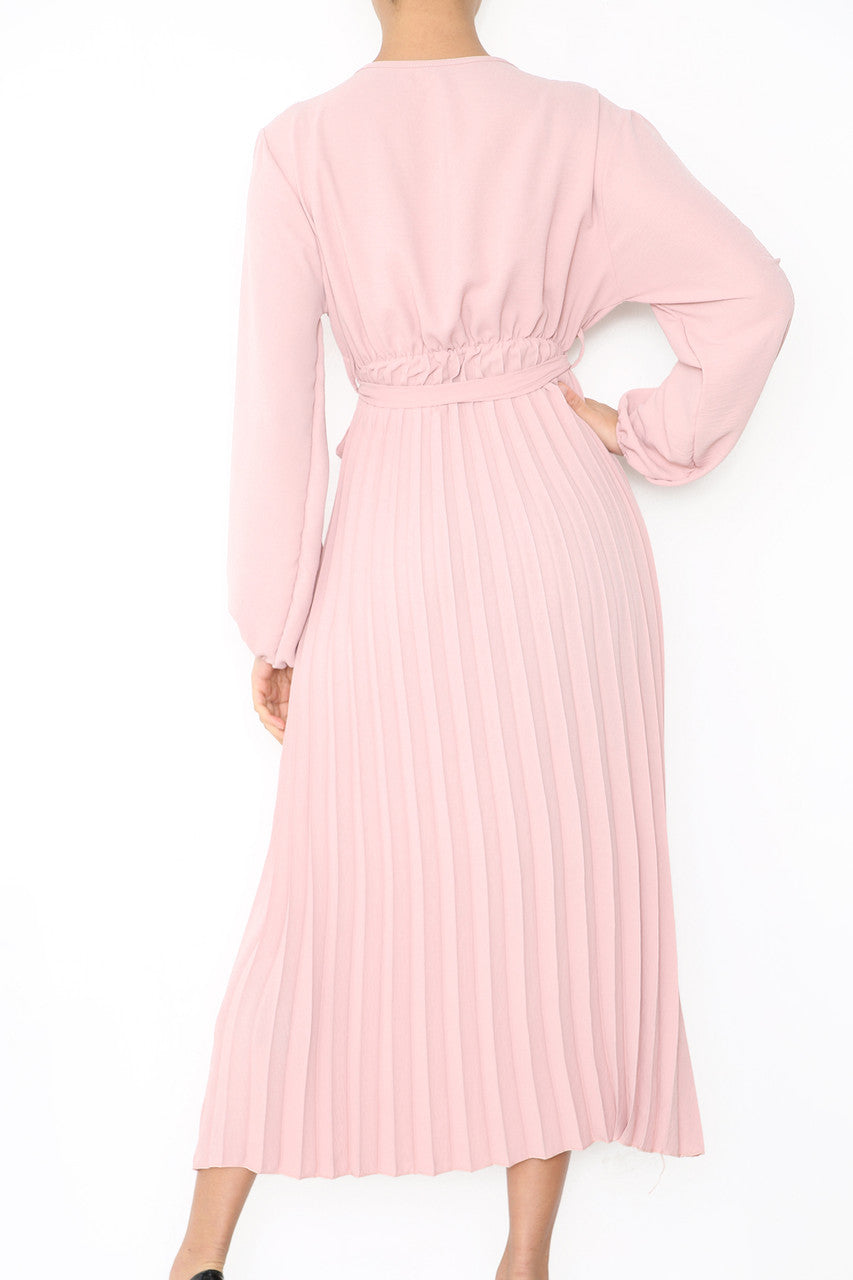 Ladies Plain Pleated Bottom Belted Wrap Style Dress Dusty Pink