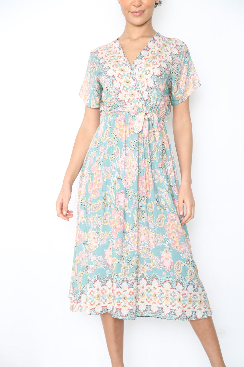 Ladies Paisley Floral Print Wrap Style Dress Sage Green