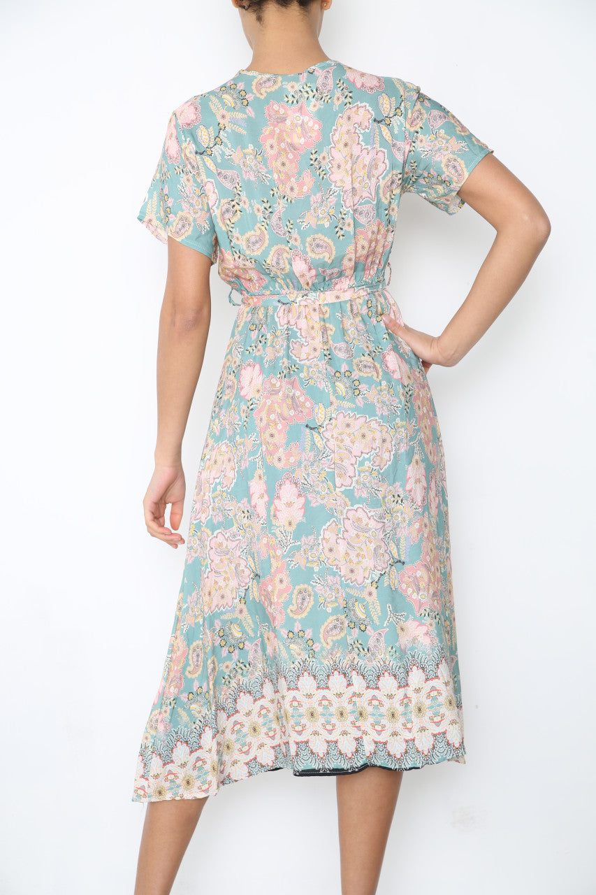 Ladies Paisley Floral Print Wrap Style Dress Sage Green